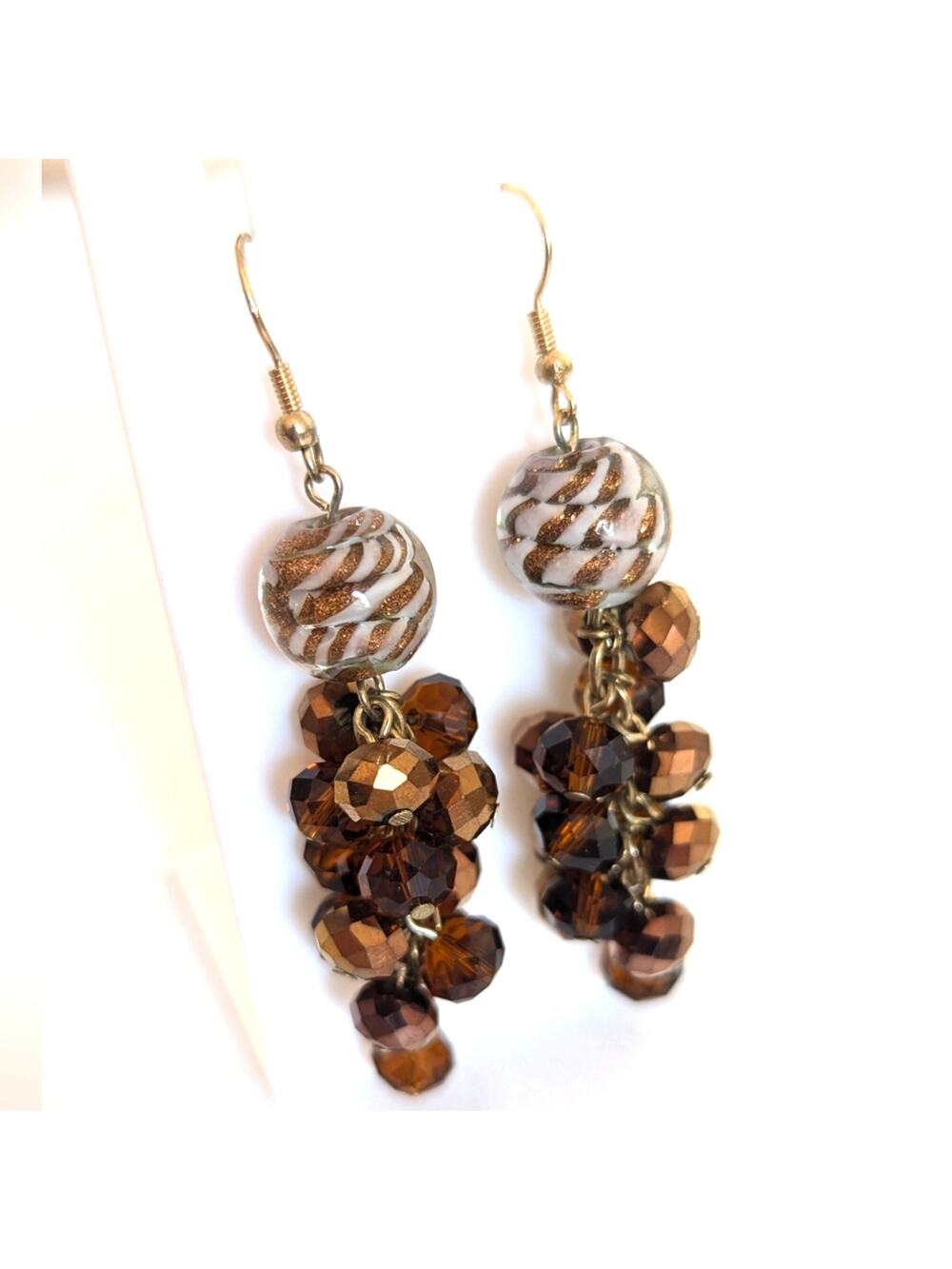 Swirled Brown Sparkly Art Glass Art to Wear Beaded ChaCha Dangle Hook Earrings